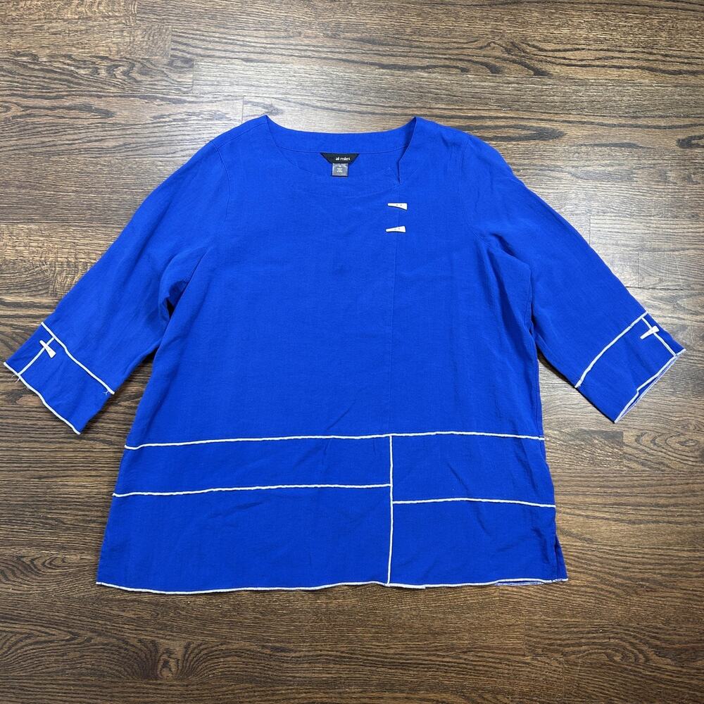 Ali Miles Tunic Blouse Womens 1X Blue Geometric Contrast Trim 3/4‎ Sleeve